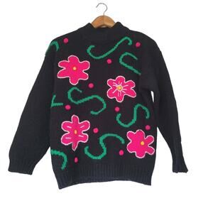 Vtg Back To Back Sweater Womens S Pink Black Floral Wearable Art Eclectic 80s